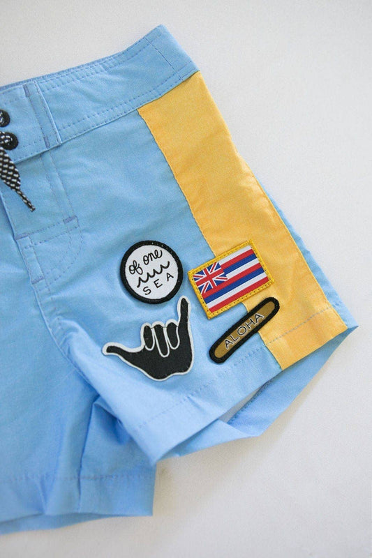 Kid's Swim Shorts in Light Blue and Yellow Colorblock Patch //Of One Sea