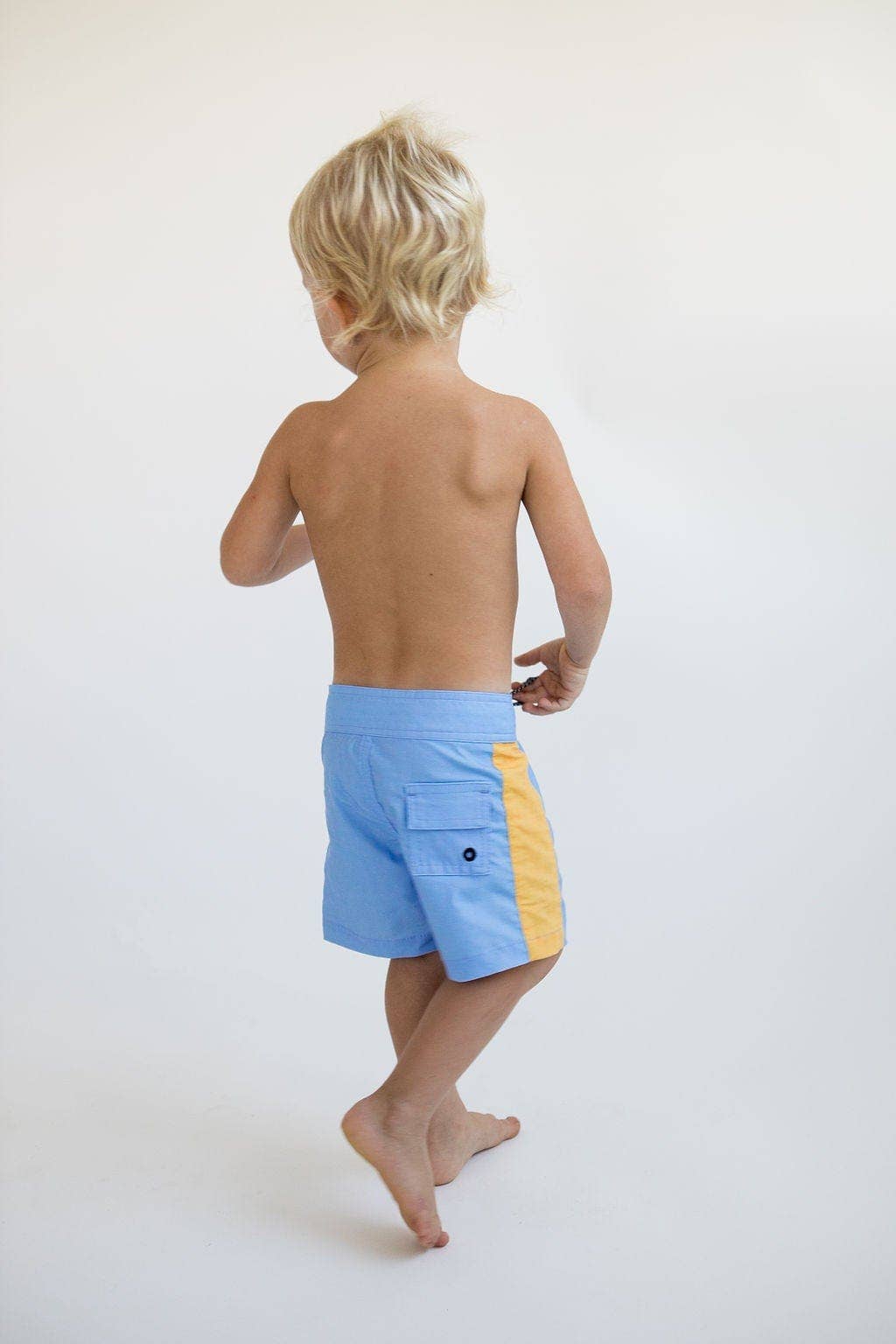 Kid's Swim Shorts in Light Blue and Yellow Colorblock Patch //Of One Sea